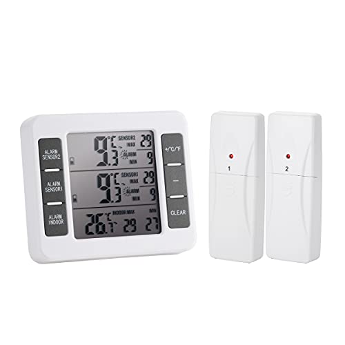 Locisne Freezer Alarm with Audible Alarm and 2 Wireless Sensors, Indoor Outdoor Refrigerator Thermometer for Home Kitchen