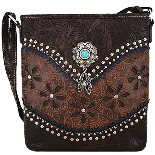 Western Style Tooled Leather Cross Body Handbags Concealed Carry Purse Women Country Single Shoulder Bag (Coffee)
