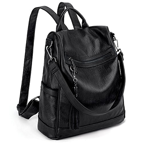 UTO Women Anti-Theft Backpack Purse PU Washed Leather Ladies Tassels Convertible Rucksack Shoulder Bag Black