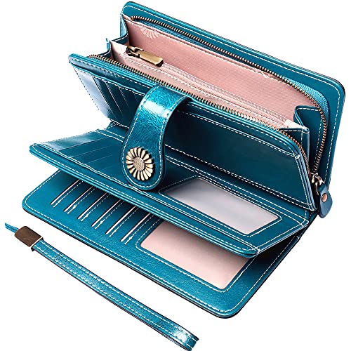 UMODE Large Capacity RFID Blocking Genuine Leather Wallets for Women with Wristlet Trifold Ladies Billfold with Zipper