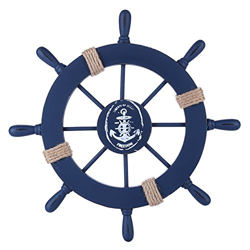 Rienar Nautical Beach Wooden Boat Ship Steering Wheel Fishing Net Shell Home Wall Decor (Deep Blue)