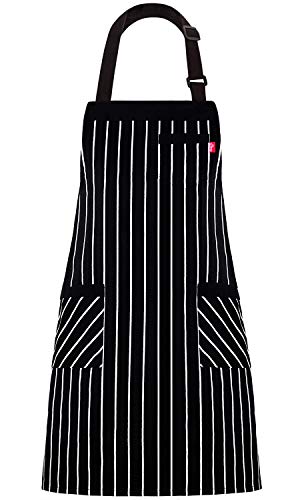 ALIPOBO Aprons for Women and Men, Kitchen Chef Apron with 3 Pockets and 40″ Long Ties, Adjustable Bib Apron for Cooking, Serving – 32″ x 28″ – Black/White Pinstripe – 1 Pcs