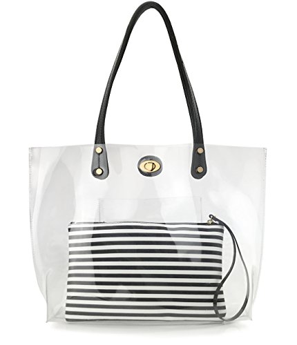PVC Clear Womens Tote With Striped Zipper Clutch Weekender Shoulder Handbag (Black&White Stripes) Medium