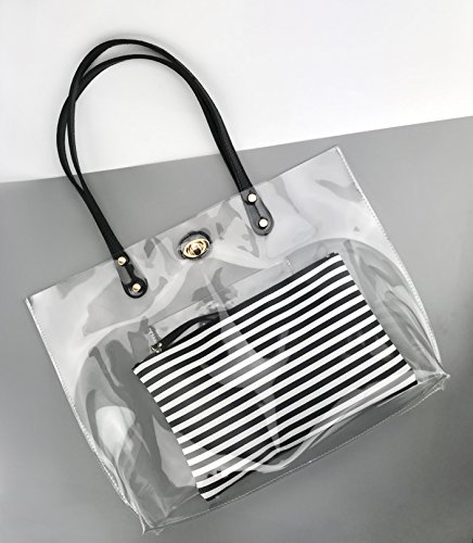 PVC Clear Womens Tote With Striped Zipper Clutch Weekender Shoulder Handbag (Black&White Stripes) Medium | The Storepaperoomates Retail Market - Fast Affordable Shopping