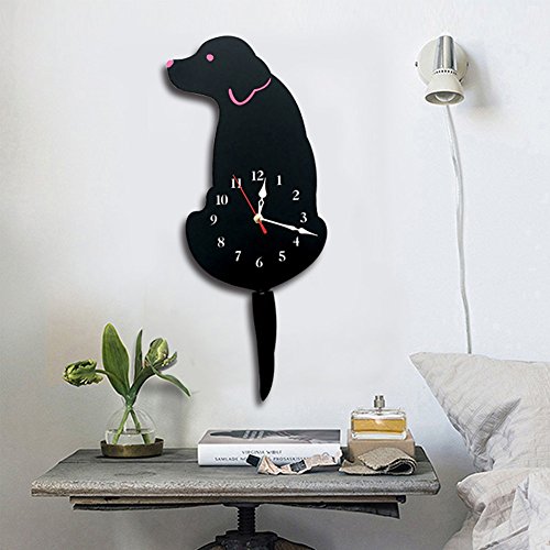 Ukey Wall Clock Creative Dog Acrylic Wall Clock with Swing Tail Pendulum for Living Room Bedroom Kids Room Kitchen and Home Décor – Battery Not Included (42CM x 18CM) Black