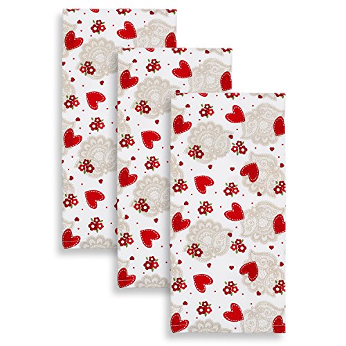 Cackleberry Home Hearts & Lace Kitchen Towels 100% Cotton, Set of 3