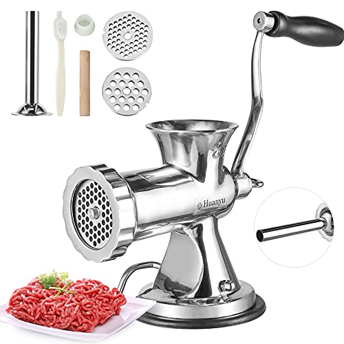 Huanyu Manual Meat Grinder Sausage Stuffer Filler Hand Crank Mincer Stainless Steel Meat Processor Grinding Machine Ground Chopper Home Use for Beef Chicken Rack chili etc. Dishwasher Safe