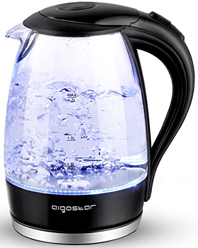 Aigostar Electric Kettle with Speed Boil, 1.7L Electric Tea Kettle with Borosilicate Glass, Cordless with LED Indicator, Hot Water Boiler BPA Free, Auto Shutoff and Boil-Dry Protection