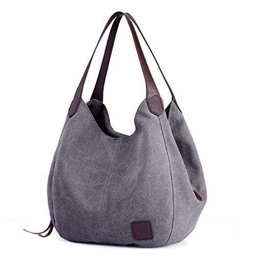 DOURR Women’s Multi-pocket Shoulder Bag Fashion Cotton Canvas Handbag Tote Purse (Gray – Medium Size)