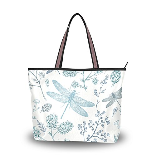 Shoulder Bag Large Beach Travel Tote Bag Blue Dragonfly Printed Handbags with Handle Top Zipper Closure