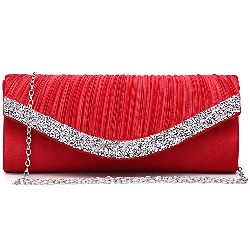 Dasein Women Satin Evening Bags Clutch Purses Wedding Purse Formal Handbags Party Prom Clutches with Rhinestone(Red)