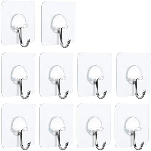 Fotosnow Adhesive Hooks Heavy Duty 15lbs(Max) Transparent Wall Hooks Reusable Seamless Shower Hooks Stick on Hooks for Hanging Bathroom Kitchen Outdoors -10 Pack