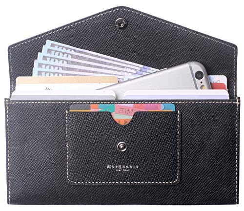 Borgasets Women’s Wallet Leather RFID Ultra Thin Envelope Purse Travel Clutch with ID Card Holder and Phone Pocket (Crosshatch Black)