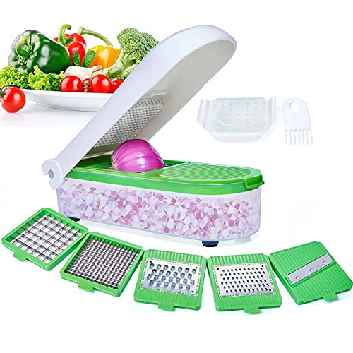 LHS Vegetable Chopper-Multifunctional Onion Chopper Dicer Sala Potato Cutter Cheese Grater Vegetable Food Slicer With Container-5 Blades(Green)