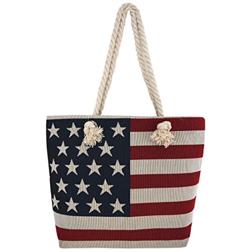 WESTERN ORIGIN American Flag Embroidered Tote Bag Stars and Stripes Beach Bag Rope Handles Shoulder Bag Women Purse