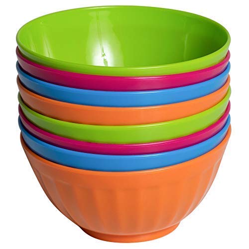 Klickpick Home 6 Inch Plastic Bowls Set of 8 – 28 ounce Large Plastic Cereal Bowls Microwave Dishwasher Safe Soup Bowls – BPA Free Bowls 4 Bright Colors (2 of Each Color)