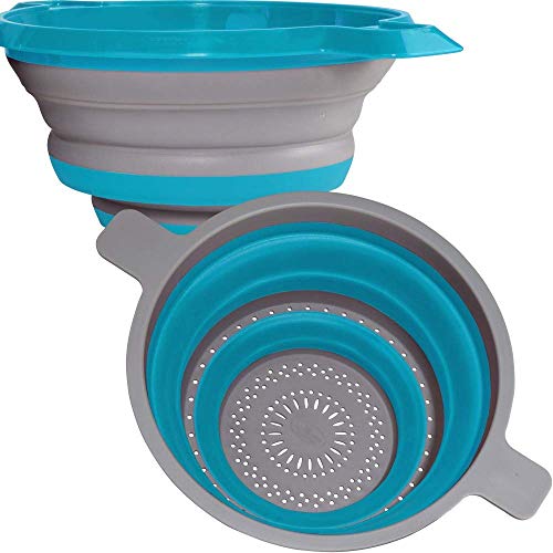 Kitchen Maestro Collapsible Colander and Strainer, Set of 2 Blue Collanders for Pasta, Fruits, Vegetables and More – BPA Free and Dishwasher Safe