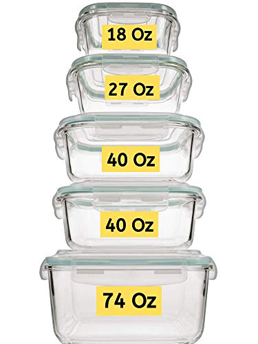 Glass Food Storage Containers 10 Pc, Airtight Glass Storage Containers with Lids, Glass Lunch Bento Boxes, Leak Proof BPA Free Large Glass Containers (5 lids, 5 Containers) Glass Containers with Lids