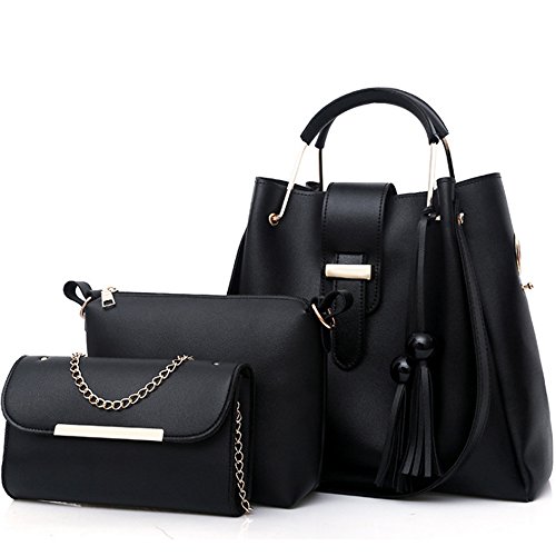 FiveloveTwo Womens Ladies Purse and Handbags 3 Pcs Bag Set PU Leather Tassel Totes Clutch Satchels Top Handle Shoulder Crossbody Bags Pack Black | The Storepaperoomates Retail Market - Fast Affordable Shopping