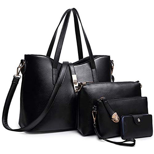 FiveloveTwo Fashion Womens 4Pcs Handbag Set Totes Clutch Satchels Top Handle Shoulder Crossbody Bags and Purse Card Holder Black