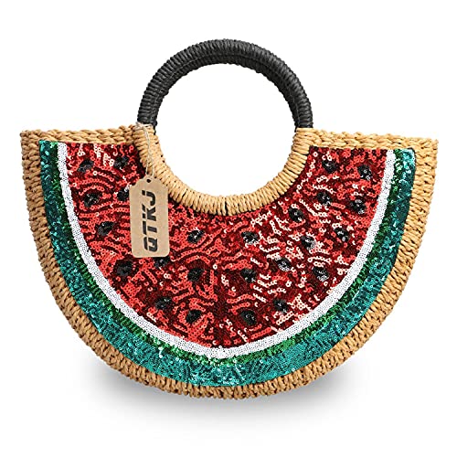 Semi-circle Rattan Straw Handbags, Hand-woven Summer Watermelon Beach Straw Bag with Sequin for Women