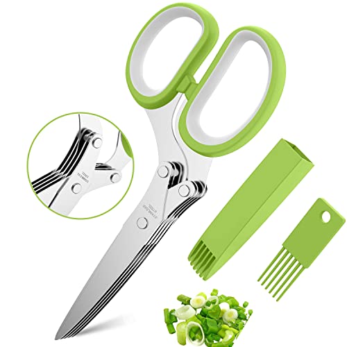 Herb Scissors, Kitchen Herb Shears Cutter with 5 Blades and Cover, Sharp Dishwasher Safe Kitchen Gadget – Green