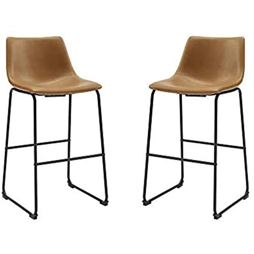 Walker Edison Douglas Urban Industrial Faux Leather Armless Lounge Kitchen Bar Chairs, Set of 2, Whiskey Brown