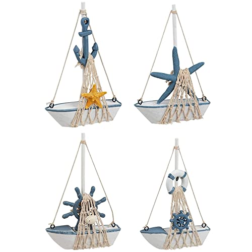 Juvale Set of 4 Nautical Nursery Decor for Boys, Miniature Sailboat Sea Decorations for Home Bathroom, Baby Shower (5 x 7 in)