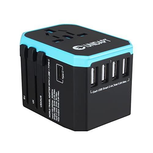 Unidapt Universal Travel Adapter, International Plug Adaptor Outlet Wall Charger Converter with 5.6A Smart Power and 3.0A USB Type C US to EU, AU, UK, USA