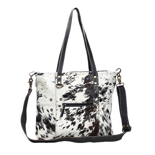 Myra Bag Black & White Shade Cowhide & Leather Tote Bag S-1167, Brown, One Size