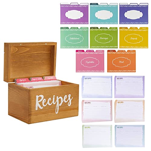 Juvale Wooden Recipe Box with 60 Blank 4×6 Cards and 24 Dividers with Tabs for Baking (7 x 5 x 5 in)