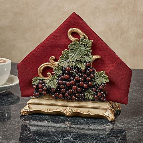 Touch of Class Vigne Elegante Napkin Holder – Resin – Dark Red, Sage Green, Gold – Grapes, Leaves, Vines Design for Kitchen, Dining Room, Island, Bar, Countertop – Tuscan Style Decor