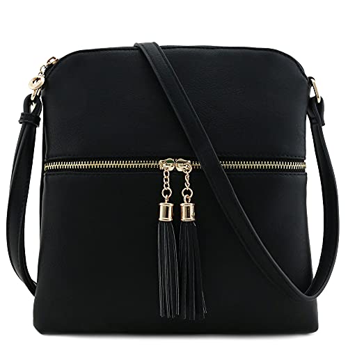 Tassel Zip Pocket Crossbody Bag (Black)