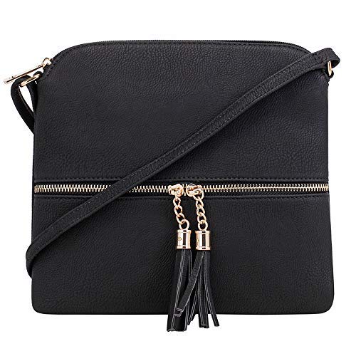 SG SUGU Lightweight Medium Crossbody Bag Shoulder Bag with Tassel and Zipper Pocket (Black)