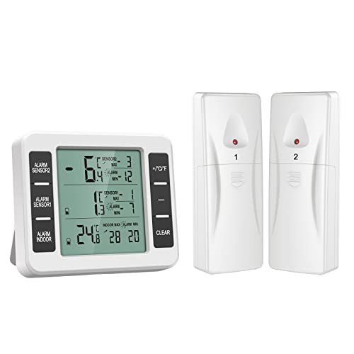 Upgraded Indoor Outdoor Thermometer, Refrigerator Thermometer, Sensor Temperature Monitor with Audible Alarm Temperature Gauge for Freezer Kitchen Home (Battery not Included)