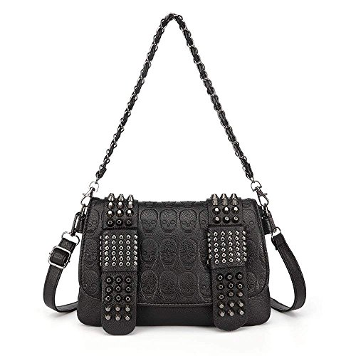 Chikencall Womens Punk Skull Print Crossbody Bag PU Leather Gothic Skull Shoulder Bag Purse with Chain
