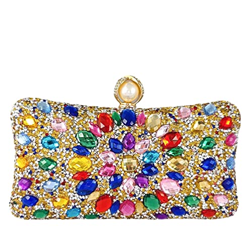 Boutique De FGG Pearl Clasp Colorful Gold Crystal Clutch Purses for Women’s Evening Handbags Wedding Party Rhinestone Bag