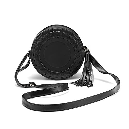 Women Crossbody Bags, JOSEKO PU Leather Zipper Shoulder Bag Round Cell Phone Purse with Tassel Black 7.48”(L) x 7.48”(W) x 2.75”(H)