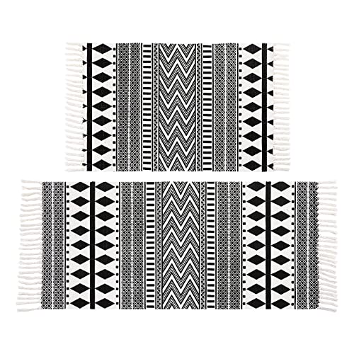 HEBE Cotton Area Rug Set 2 Piece 2’x3’+2’x4.2′ Black and Cream Tribal Accent Rug with Tassels Boho Area Runner Rugs Throw Rug for Hallway, Entryway, Bathroom,Kitchen Floor, Laundry Room