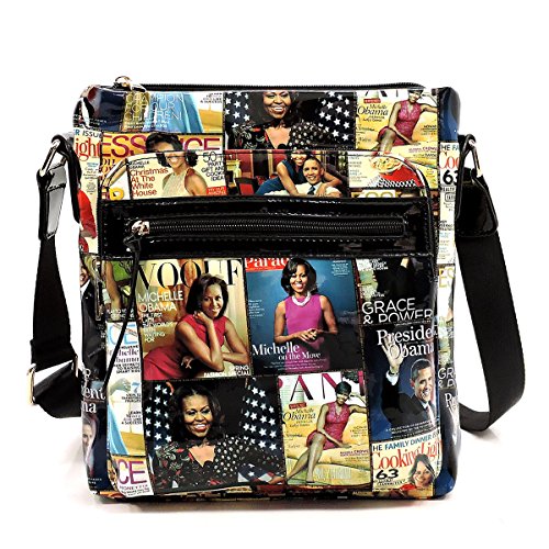 Glossy magazine cover collage large crossbody bag purse Michelle Obama bags (MULTI/BLACK)