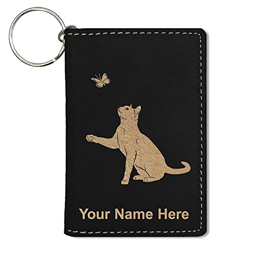ID Holder Wallet, Cat with Butterfly, Personalized Engraving Included (Black)