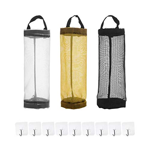 Angla 3 Pack Grocery Bag Holder Mesh Shopping Plastic Bag Holder Dispensers Saver Wall Mounted Hanging Organizer for Kitchen Garbage Trash Containers Storage Recycling Grocery Pocket