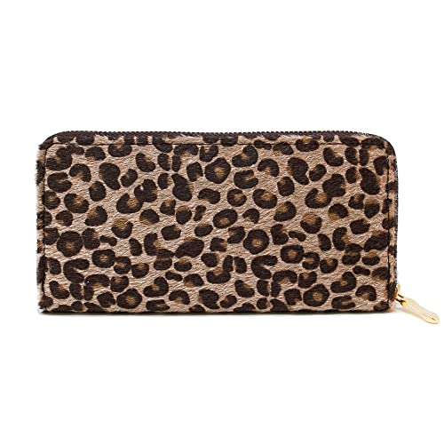 Me Plus Women Faux Fur Animal Print Furry Leopard Zebra Wallet Zipper Closure Card Slots Zippered Coin Pouch (Leopard-Beige)