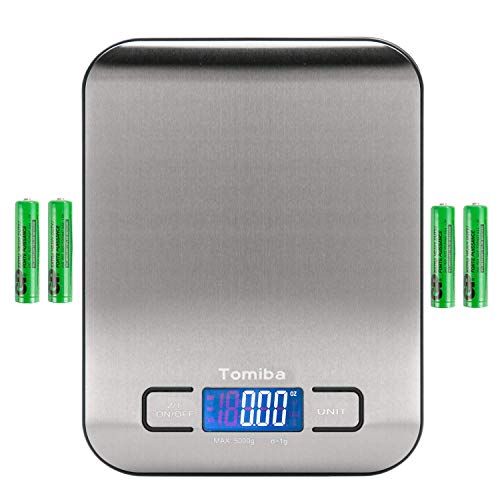 Tomiba Digital Kitchen Food Scale 11 lb Grams and Ounces Small Stainless Steel Backlit Silver Batteries Included