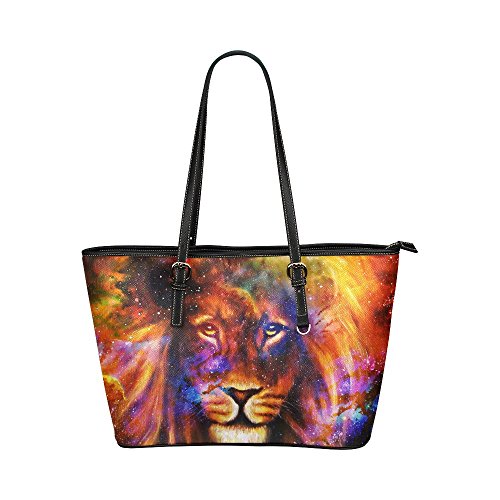 InterestPrint Lion in Cosmic Space Cool Animal Leather Tote Bags Handbags with Zipper for Women