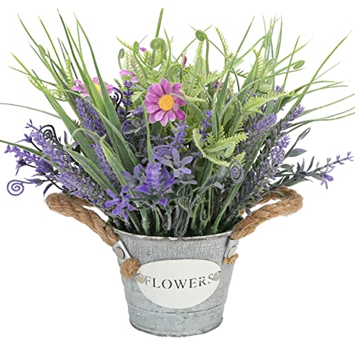 MIXROSE Artificial Plants Fake Lavender Flowers Purple in Metal Pot 10inch Height for Indoor Home Party Decoration
