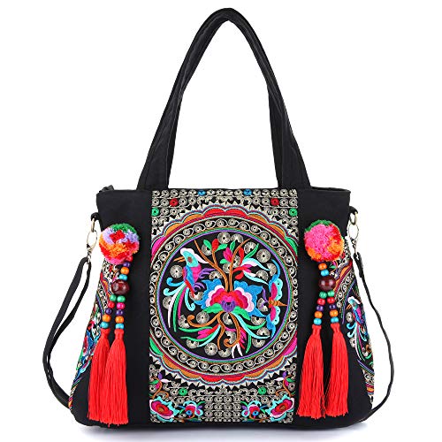 Embroidered Tassels Tote Shoulder Bag Casual Canvas Handbag Cross Body Bag