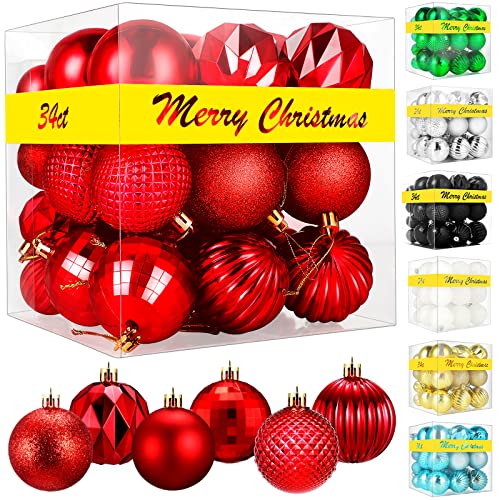 34ct Christmas Ball Ornaments, Rongyuxuan Shatterproof Christmas Decorations Tree Balls for Holiday Party Decoration, Christmas Tree Ornaments Hooks (Red, 2.36” and 1.57”)