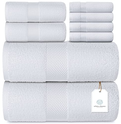 Luxury White Bath Towel Set – Combed Cotton Hotel Quality Absorbent 8 Piece Towels | 2 Bath Towels 700GSM | 2 Hand Towels | 4 Washcloths [Worth $72.95] 8Pc | White