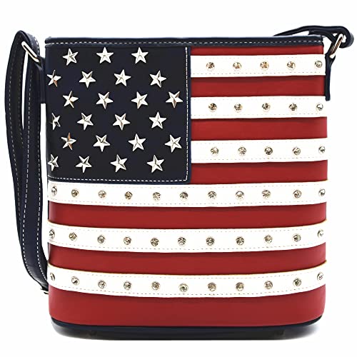 American Flag Stars and Stripes Studs Cross Body Handbag Concealed Carry Purse Women Single Shoulder Bag (Red White Blue)